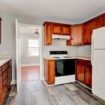 Kitchen with wood cabinets and vinyl plank flooring